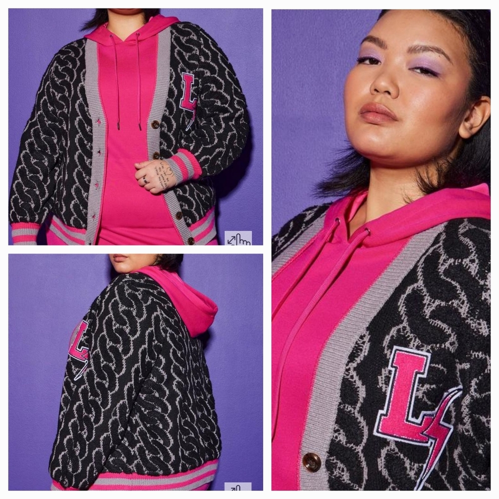 NWT Torrid Jacquard Button Front Cardigan Graphic Design Blk/Pink/Gray 1x 14/16